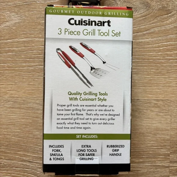 NEW Cuisinart 3 Piece Grill Tool Set Red Rubberized Handles Fork Spatula Tongs - Picture 5 of 7